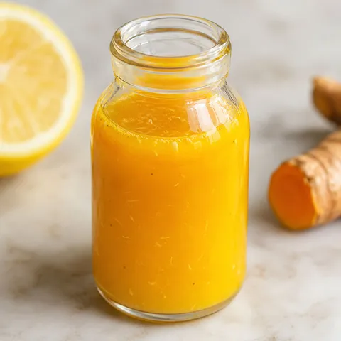 Golden ginger turmeric energy shot in a small glass bottle with lemon and fresh turmeric