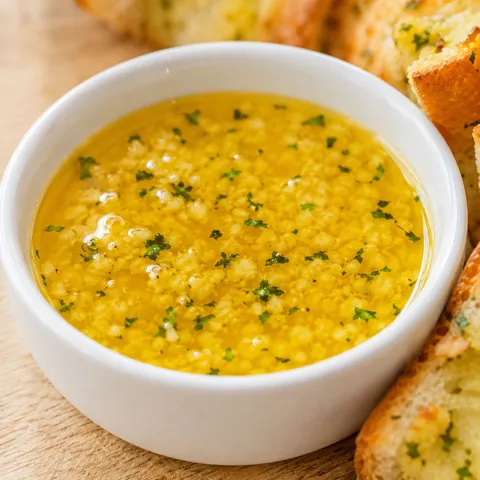 Golden garlic sauce for pizza with parsley in a white ramekin