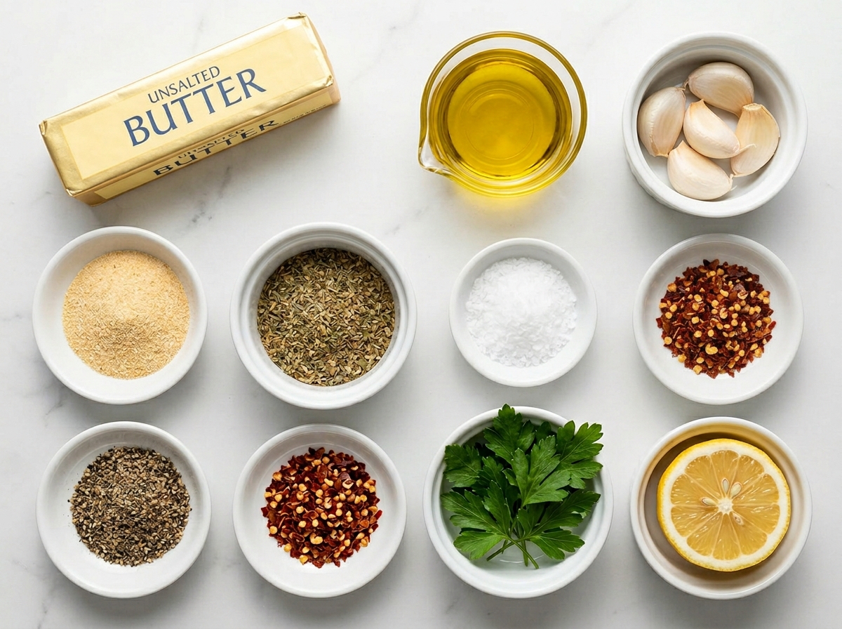 Butter, garlic, herbs, lemon, and seasonings for pizza garlic sauce