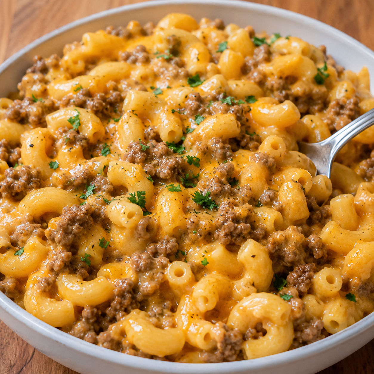 Cheddar hamburger macaroni with ground beef in a shallow white bowl