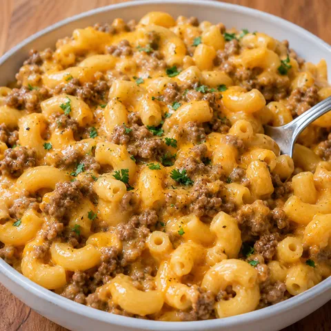 Cheddar hamburger macaroni with ground beef in a shallow white bowl