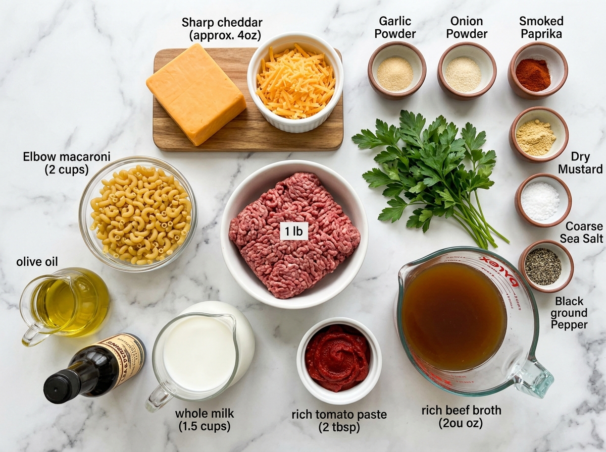 Ingredients for cheddar hamburger macaroni on a wooden surface