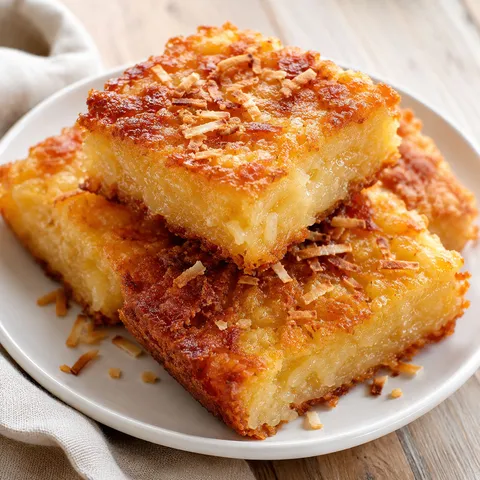Golden Hawaiian butter mochi squares with toasted coconut on a white plate