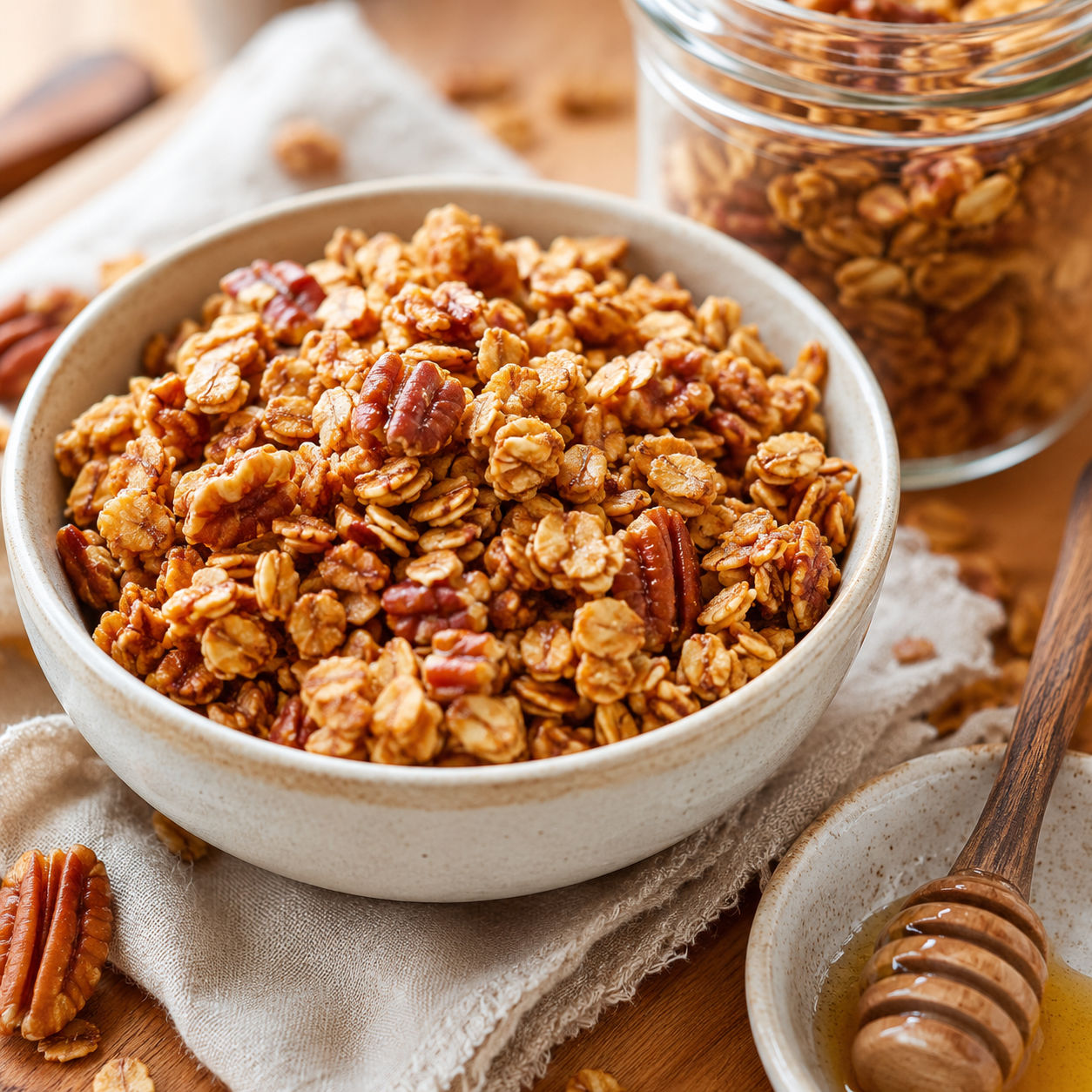 Homemade honey pecan granola with golden oat clusters in a cream bowl