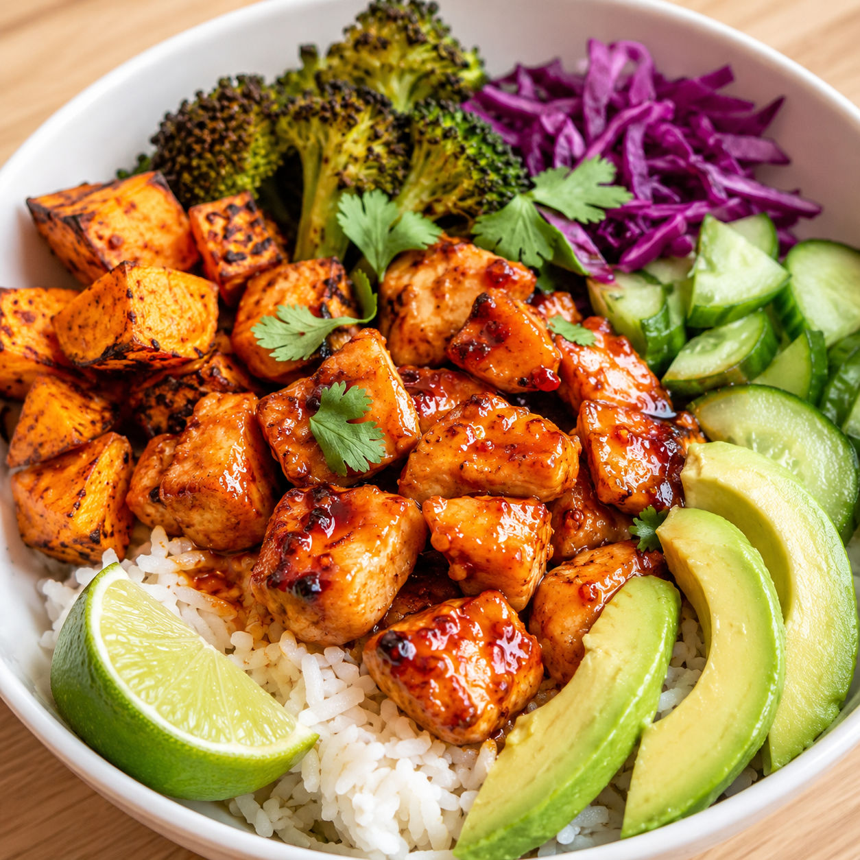 Hot honey chicken bowl with rice, sweet potatoes, broccoli, avocado, and lime