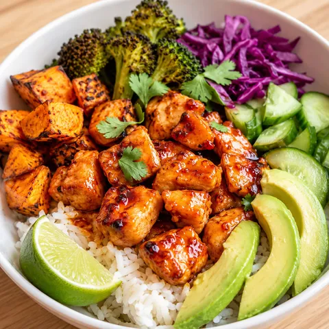 Hot honey chicken bowl with rice, sweet potatoes, broccoli, avocado, and lime