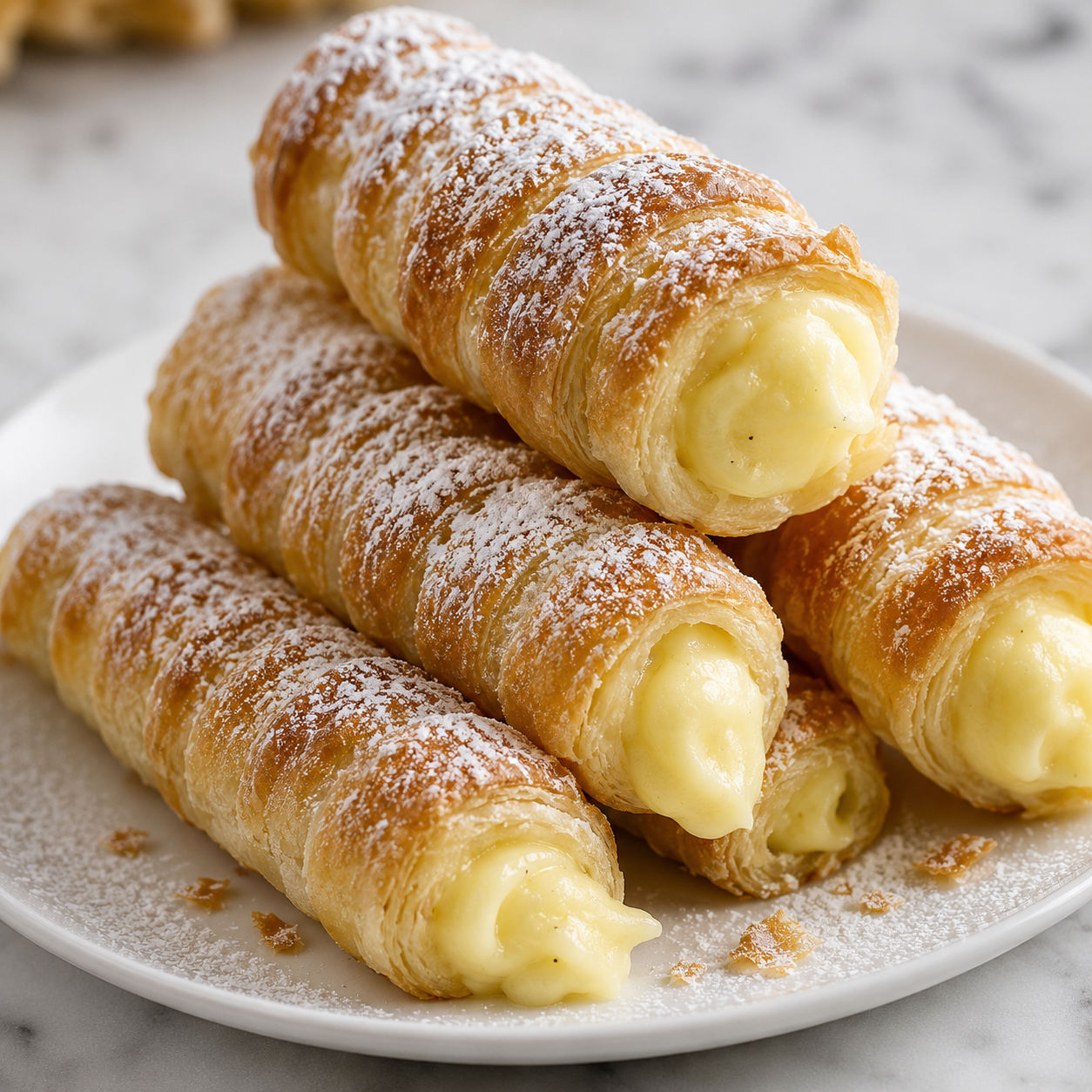 Italian cream cannoncini with vanilla custard and powdered sugar