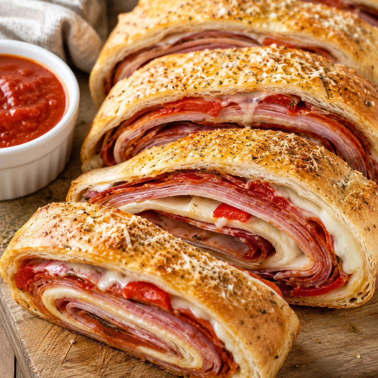 Sliced Italian stromboli with melted cheese, pepperoni, and marinara
