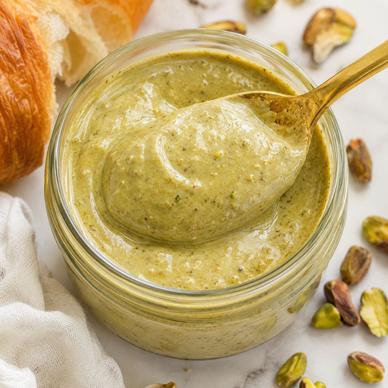 Pistachio cream in a small jar with crushed pistachios and croissant pieces