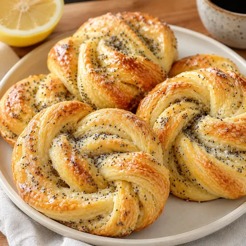 Lemon cardamom poppy seed twists with glaze on a cream plate