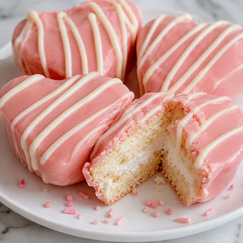 Pink heart snack cakes with white drizzle and marshmallow cream filling
