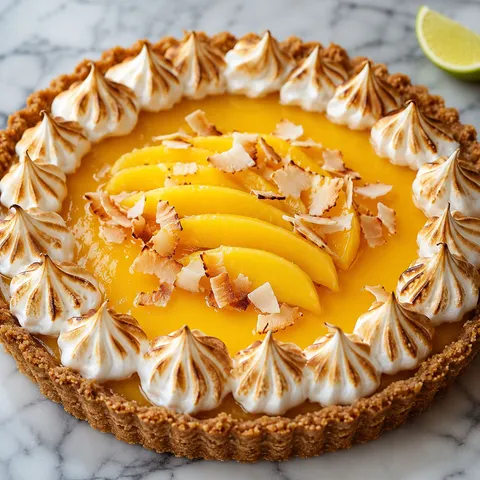 Mango curd tart with coconut graham crust, meringue, mango, and coconut