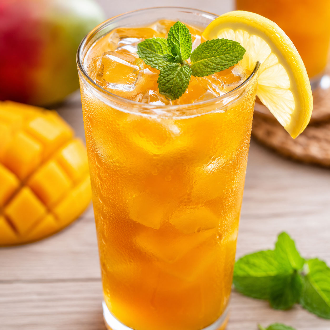 Glass of mango iced tea with ice, mint, and lemon on a wooden table