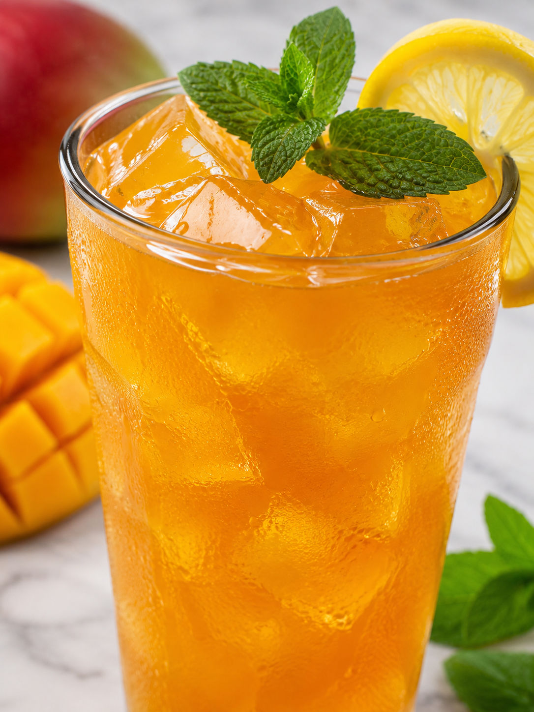 Homemade Mango Iced Tea, plated and served