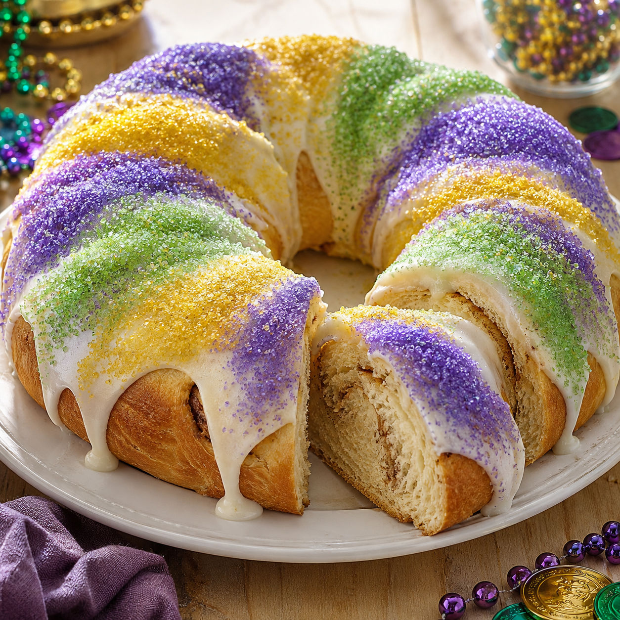 Mardi Gras king cake with vanilla glaze and purple green gold sugar
