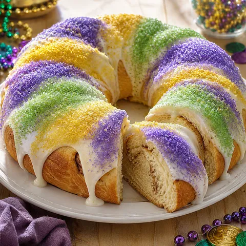 Mardi Gras king cake with vanilla glaze and purple green gold sugar