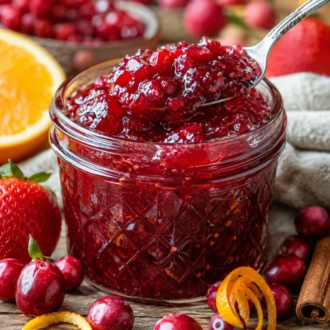 Ruby-red Christmas jam in a glass jar with cranberries and orange