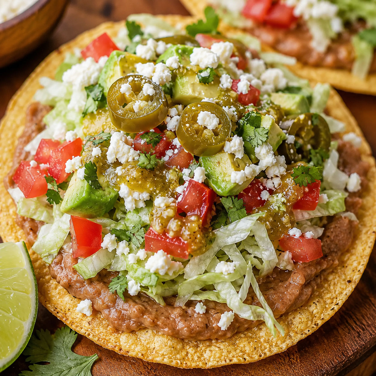 Mexican tostadas with refried beans, avocado, queso fresco, and salsa