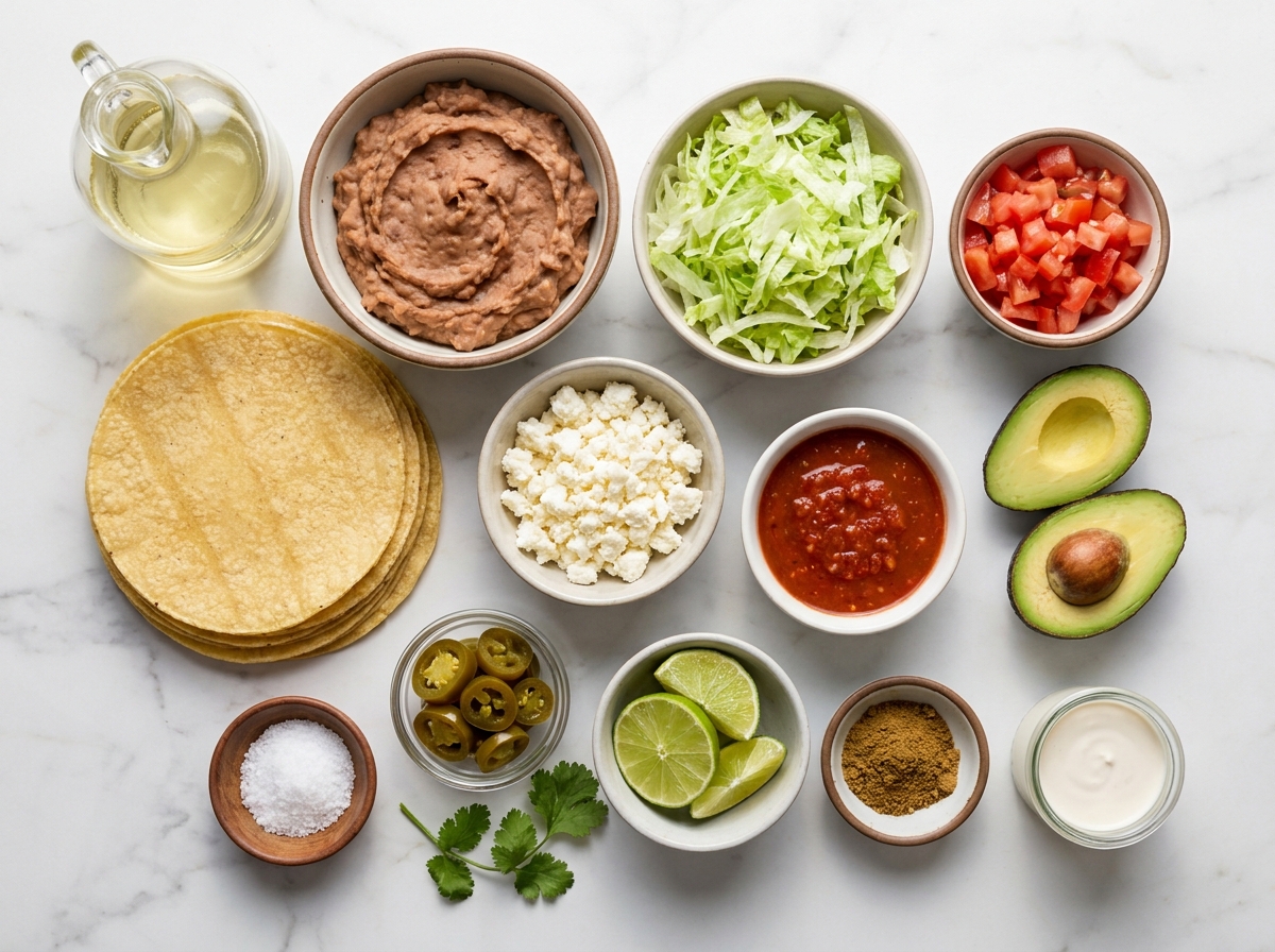 Ingredients for Mexican tostadas with refried beans and fresh toppings