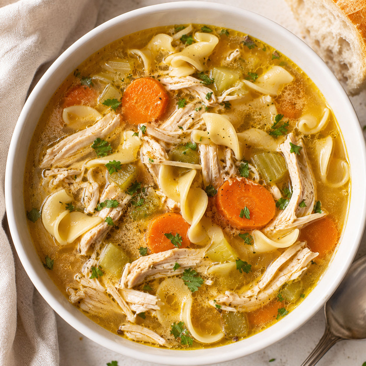 Homemade turkey noodle soup with carrots, celery, parsley, and golden broth