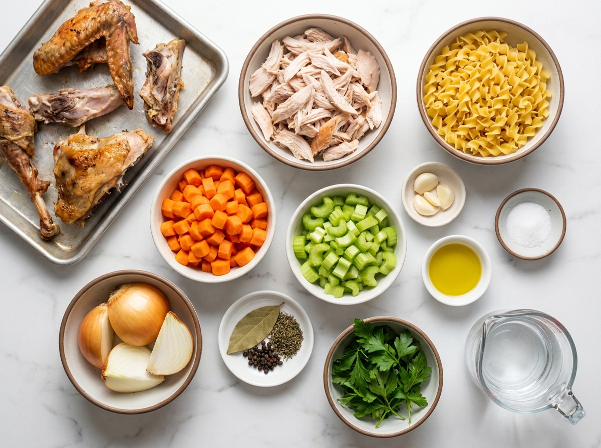 Ingredients for homemade turkey soup with noodles, vegetables, herbs, and turkey