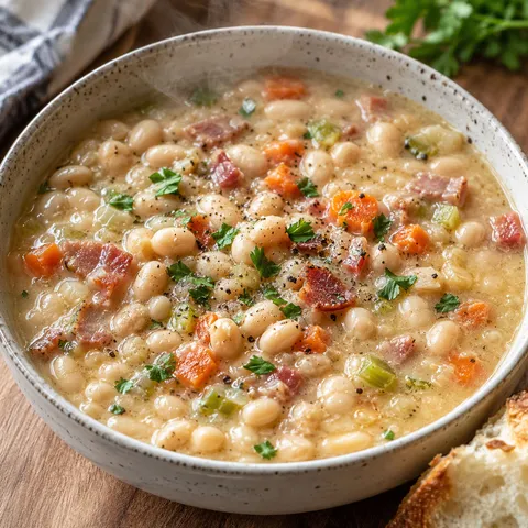 Bowl of creamy navy bean soup with bacon, vegetables, and parsley