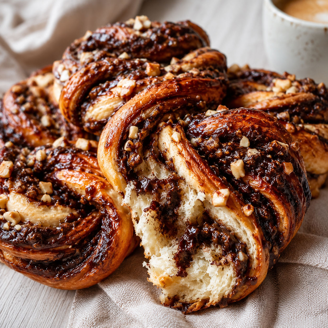 Nutella babka buns with hazelnuts and glossy chocolate swirls