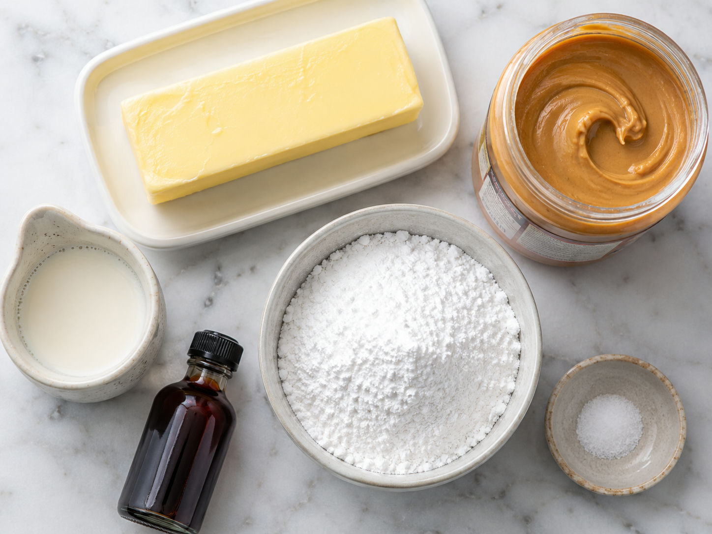 Raw ingredients for peanut butter frosting arranged on a white marble surface