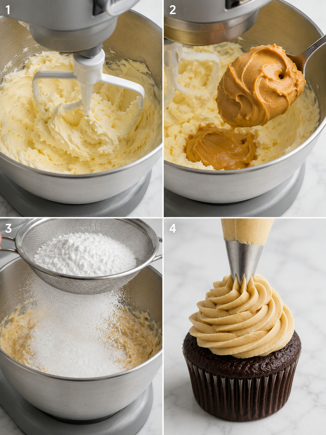 Four steps making peanut butter frosting from beating butter to piping swirls on cupcakes