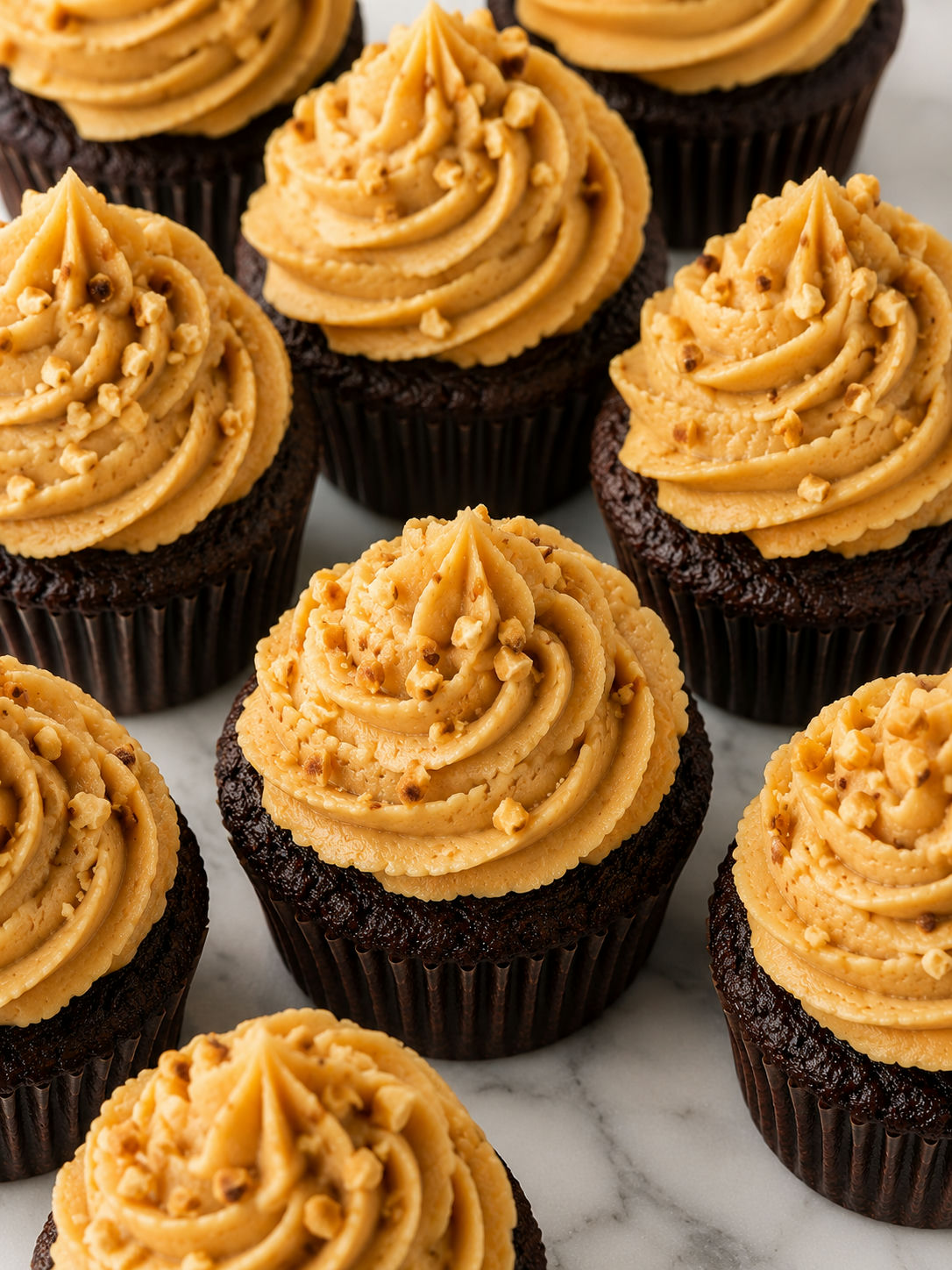 Overhead chocolate cupcakes with tall peanut butter frosting swirls and crushed peanuts