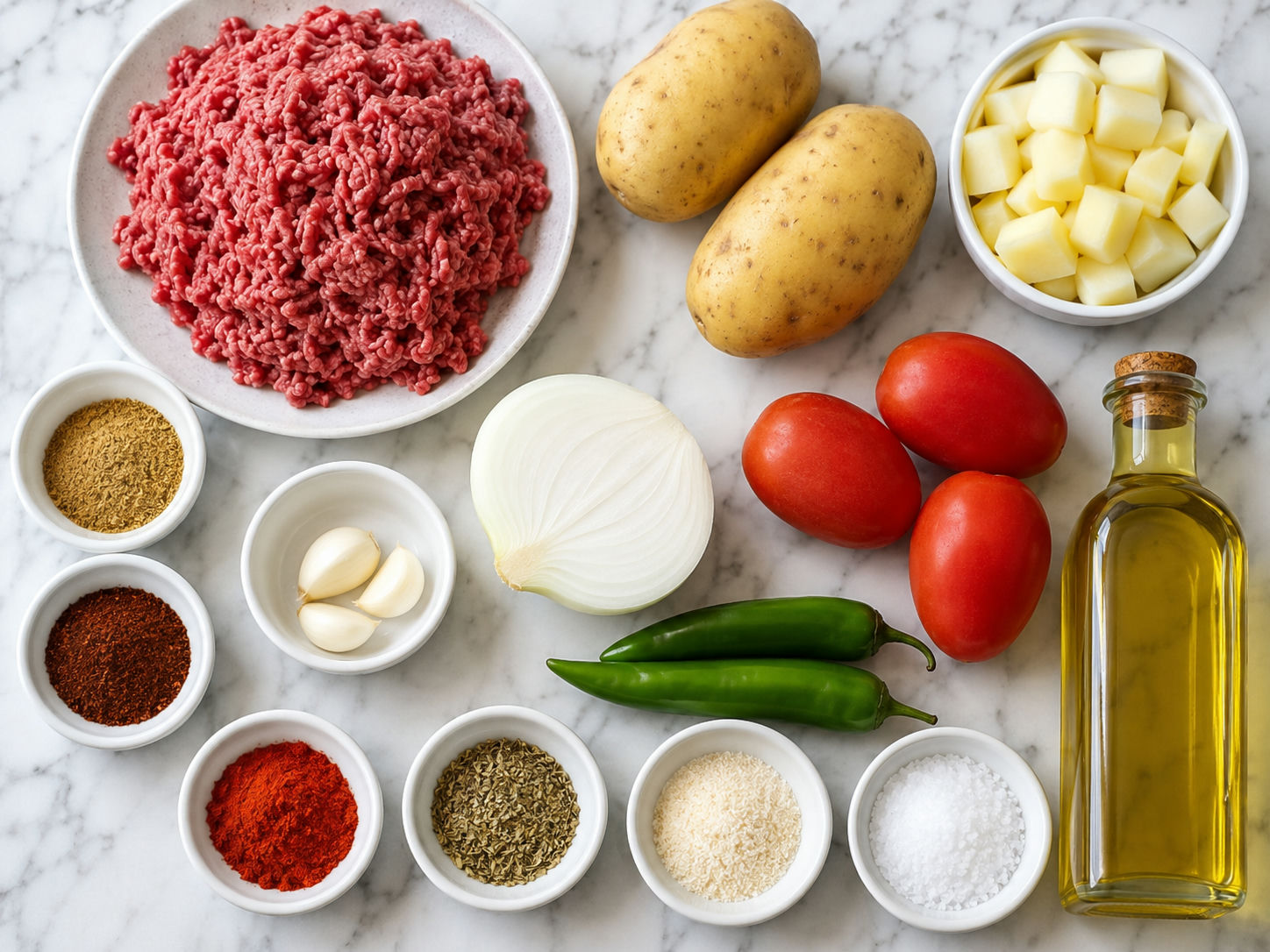 Raw ingredients for homemade picadillo including ground beef, Yukon Gold potatoes, tomatoes, Serrano chiles, and spices on a wooden surface