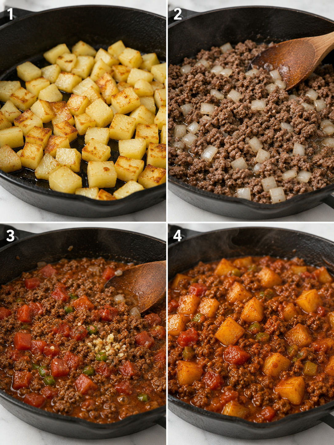 Four steps of cooking homemade picadillo from potatoes to finished skillet