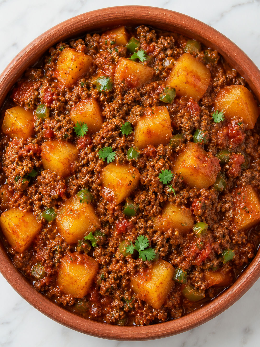 Homemade picadillo with beef, potatoes, cilantro, lime, and tortillas