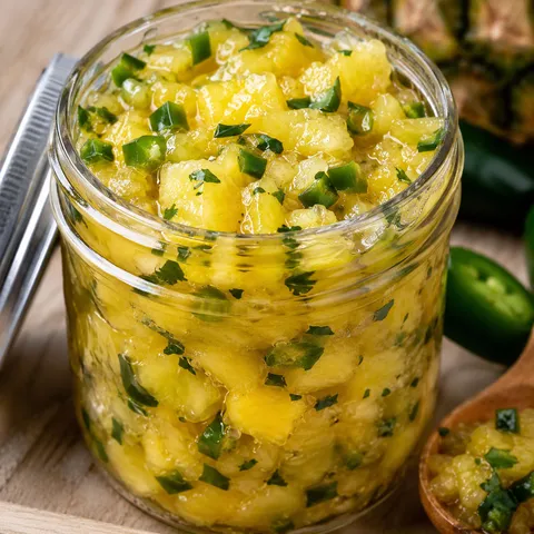 Pineapple jalapeño relish in a glass jar with a wooden spoon on a light wooden surface