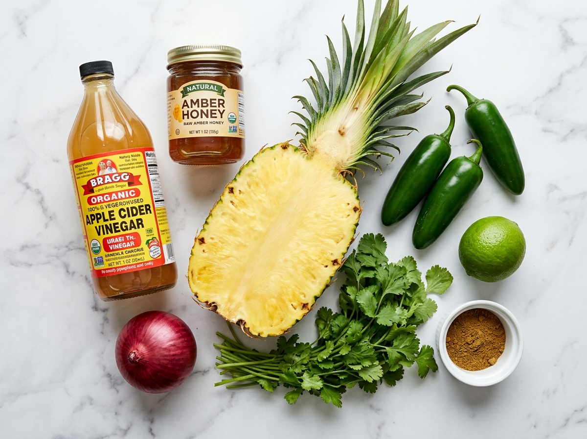 Fresh pineapple, jalapeños, red onion, cilantro, vinegar, and honey on a wooden board
