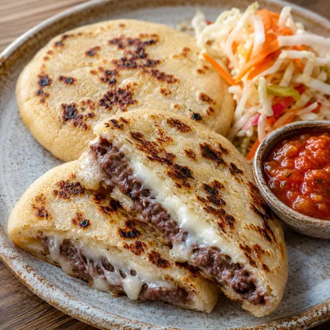 Bean and cheese pupusas with curtido and red salsa on a plate