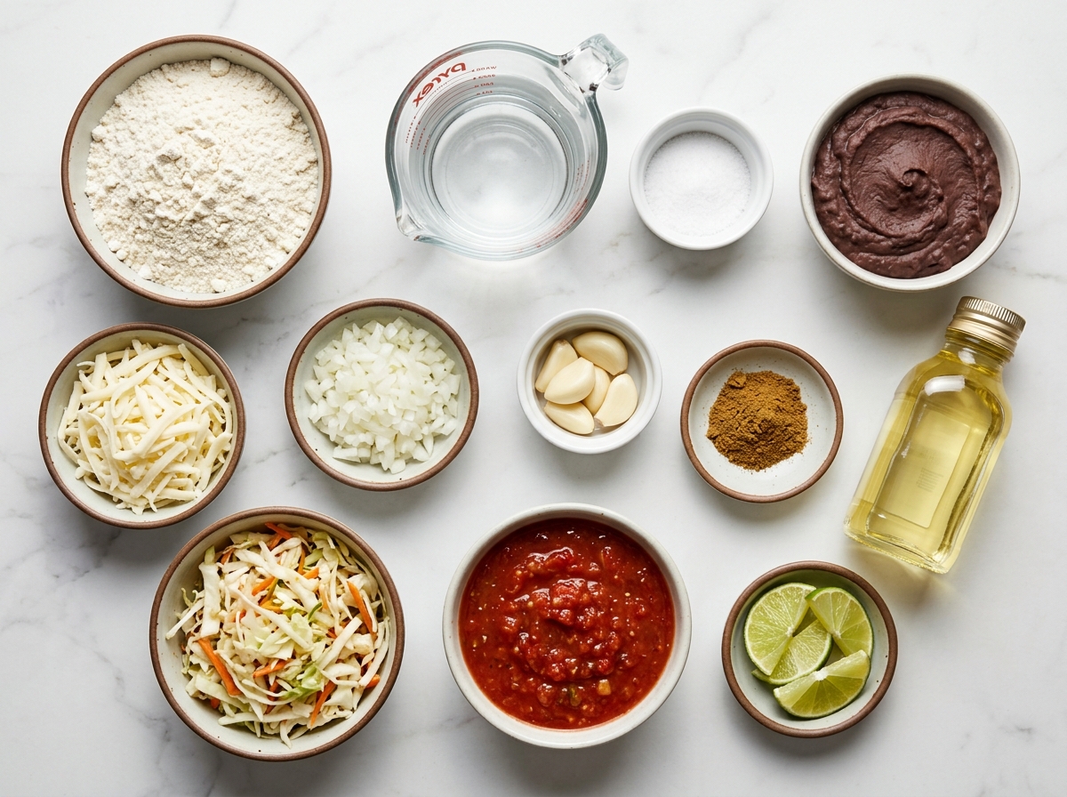 Ingredients for bean and cheese pupusas with masa harina and cheese