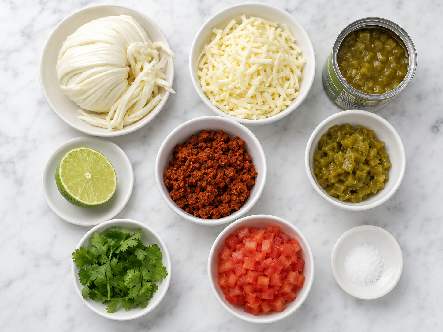 Raw ingredients for queso fundido including Oaxaca cheese, Monterey Jack, green chiles, chorizo and lime