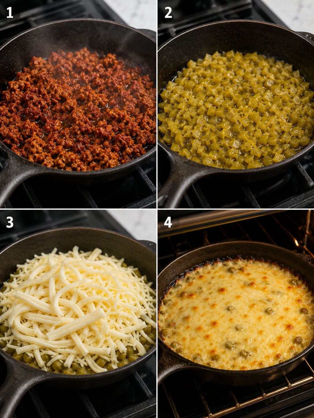 Four steps making queso fundido from browning chorizo to bubbling melted cheese in the oven