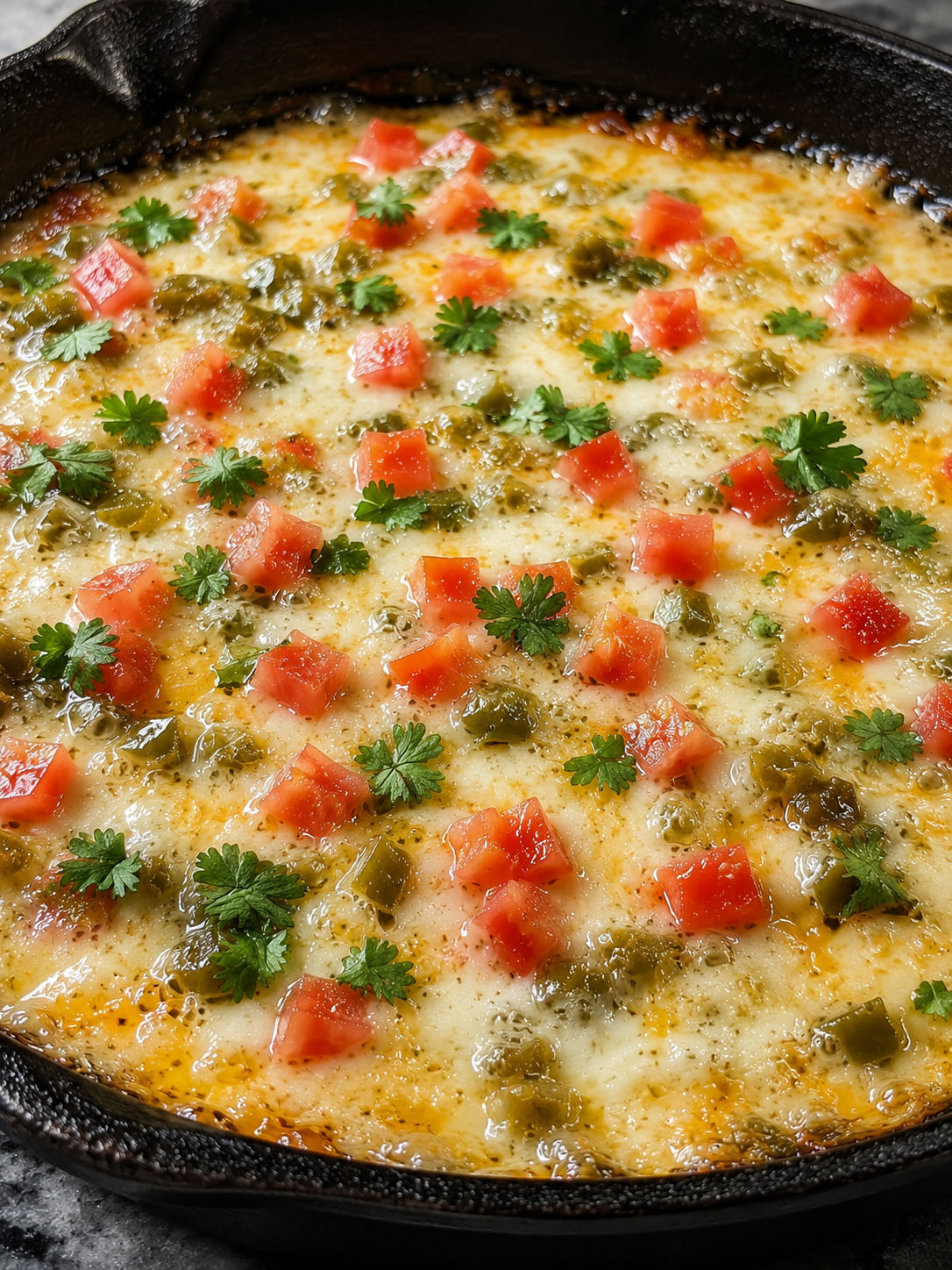 Queso fundido with a long stretchy cheese pull from a cast-iron skillet with tortilla and cilantro
