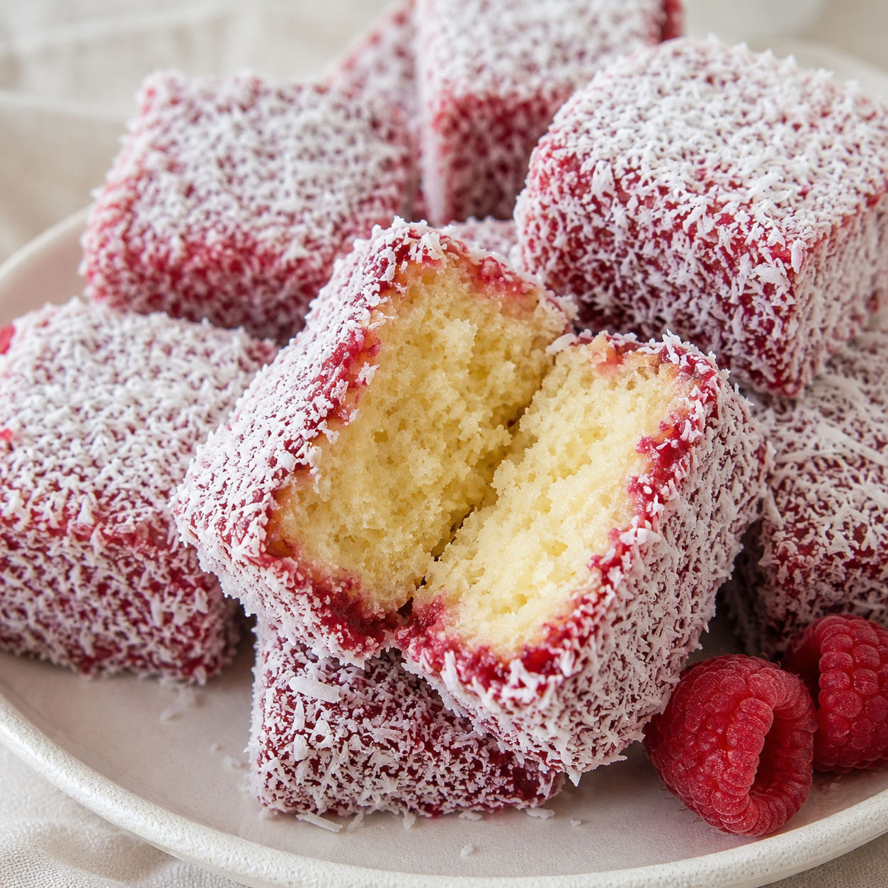 Raspberry lamingtons coated in coconut with fresh raspberries
