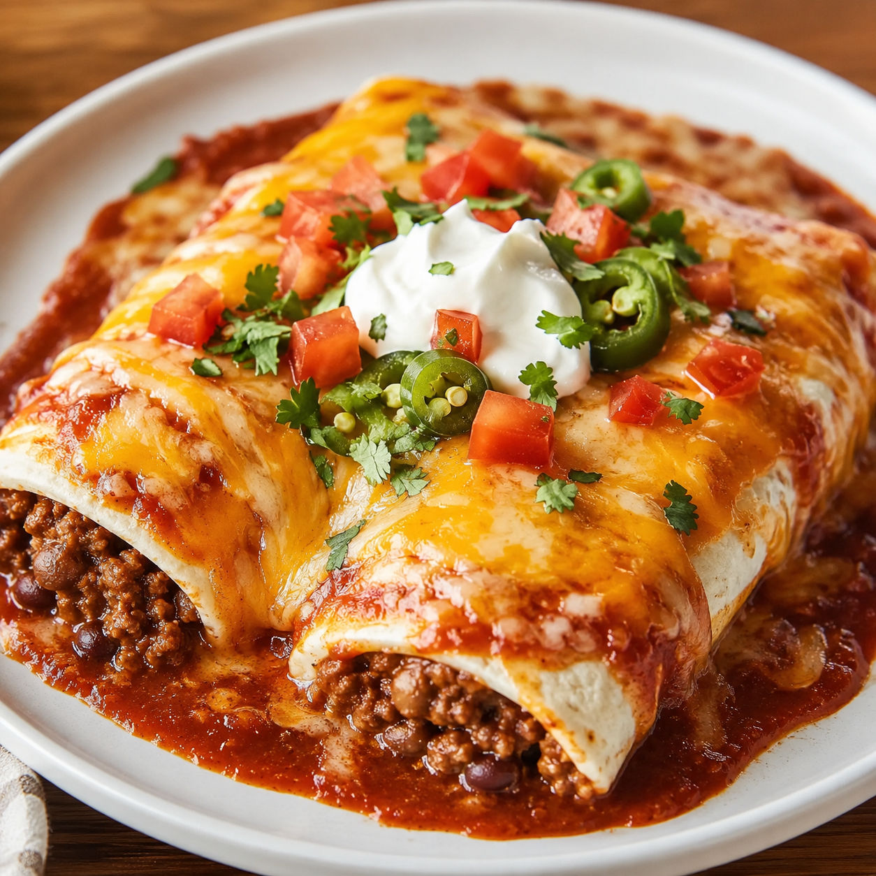 Saucy beef and bean burritos with melted cheese, sour cream, tomato, and cilantro