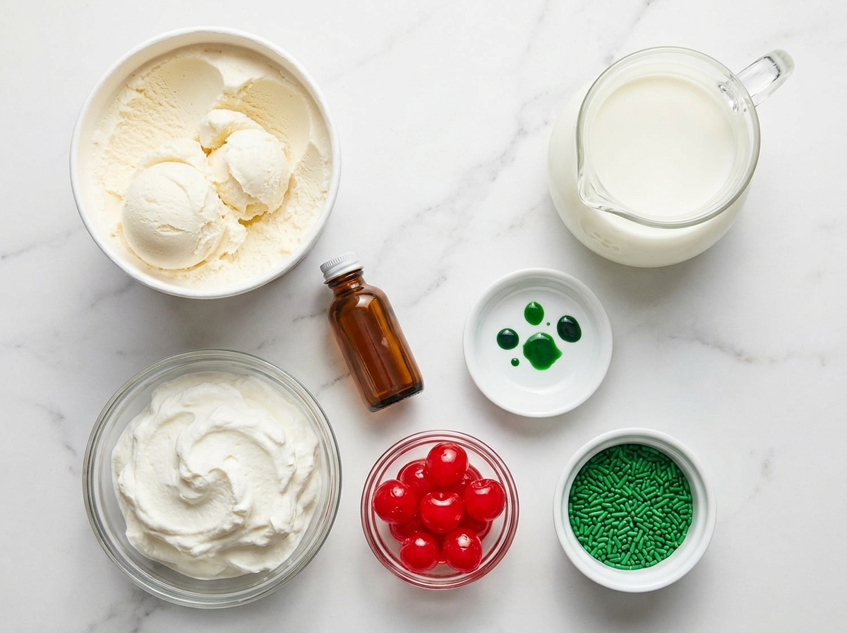 Ingredients for Homemade Shamrock Shakes on a light marble surface