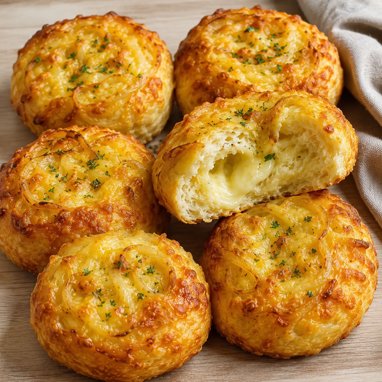 Soft cheese onion bread with golden topping and creamy melted center