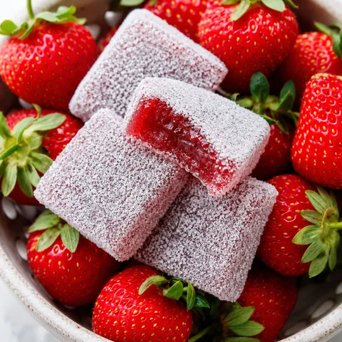 Sour strawberry gummies with sugar coating and fresh strawberries