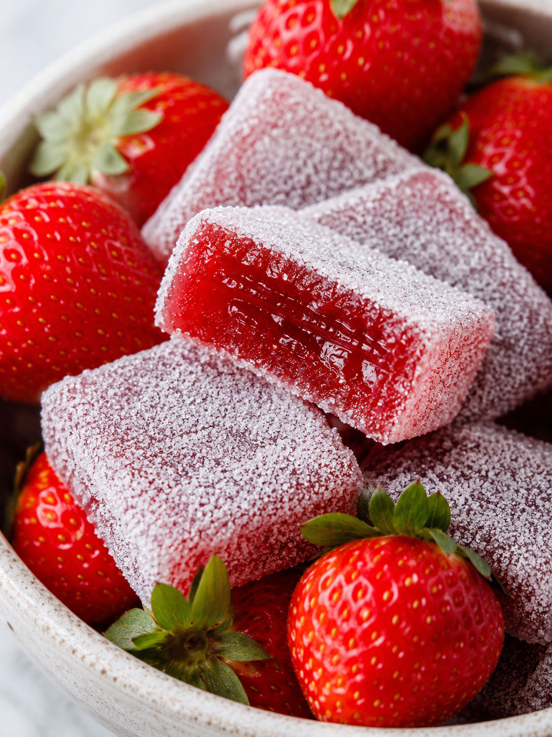 Homemade Sour Strawberry Gummies, plated and served