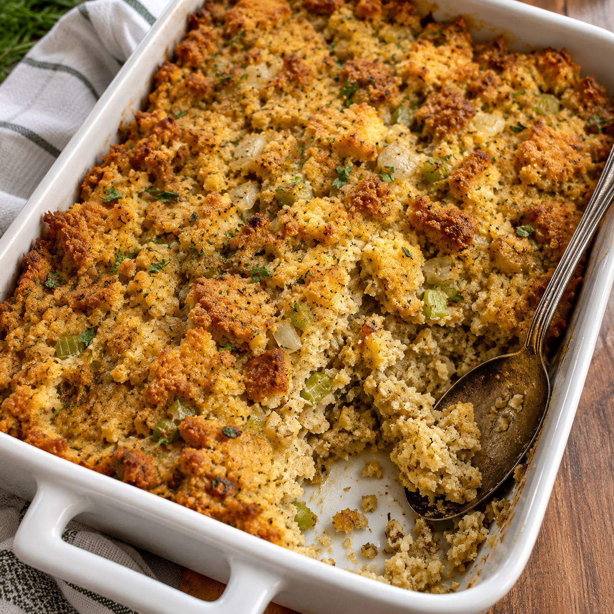 Southern cornbread dressing with golden top in a white baking dish