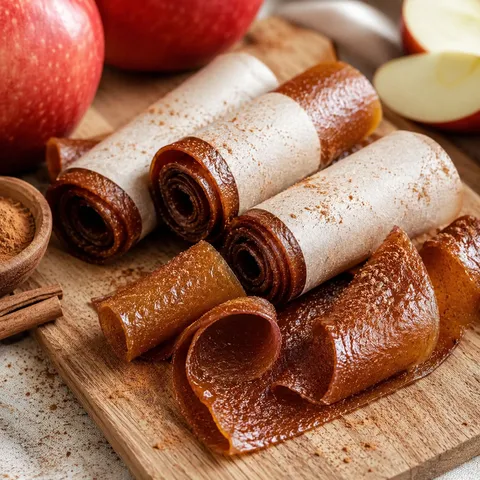 Rolled spiced apple leather with cinnamon and fresh apples