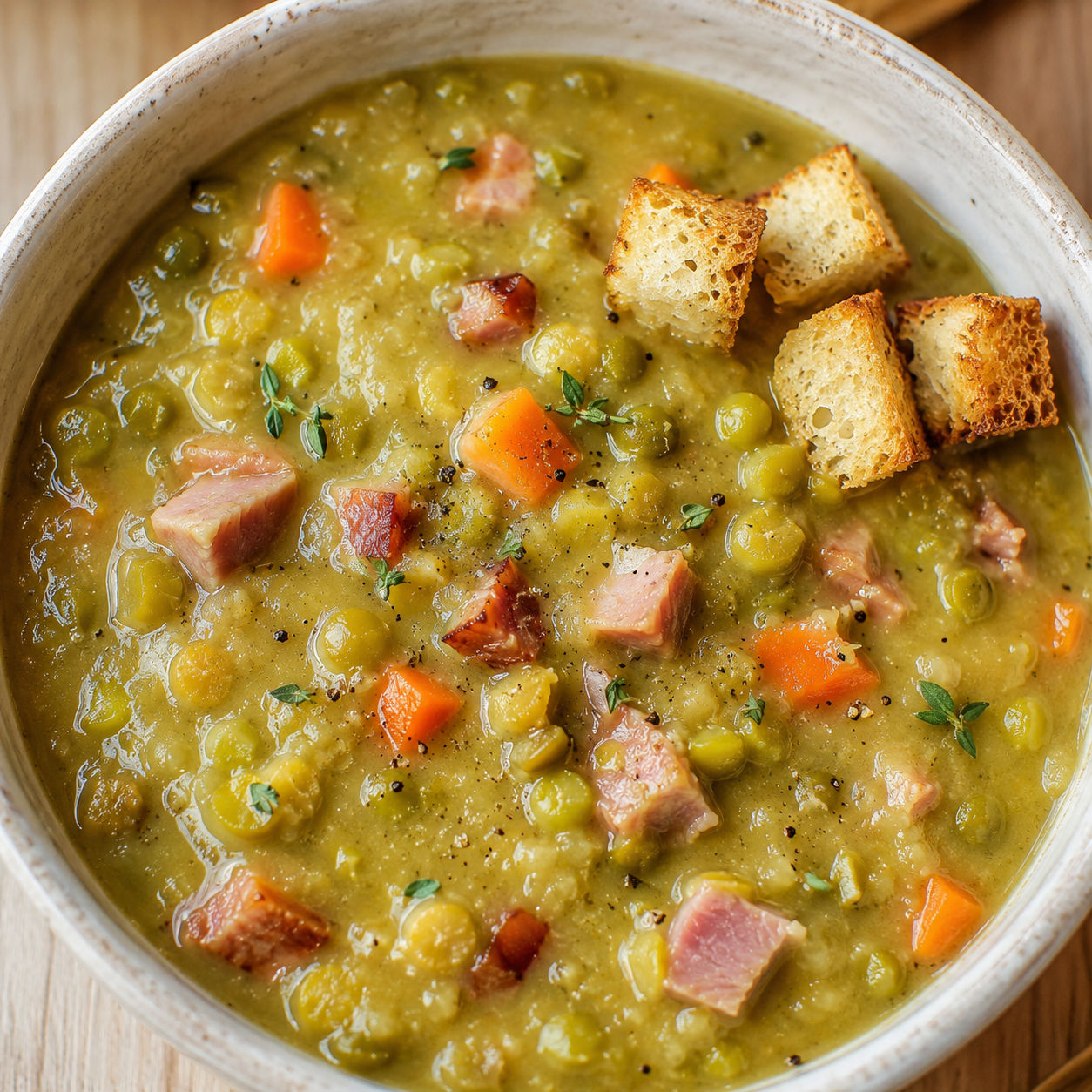 Homemade split pea soup with ham, carrots, thyme, and croutons