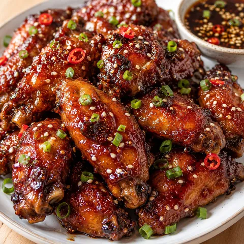 Sticky glazed Chinese chicken wings with sesame seeds and scallions on a white plate